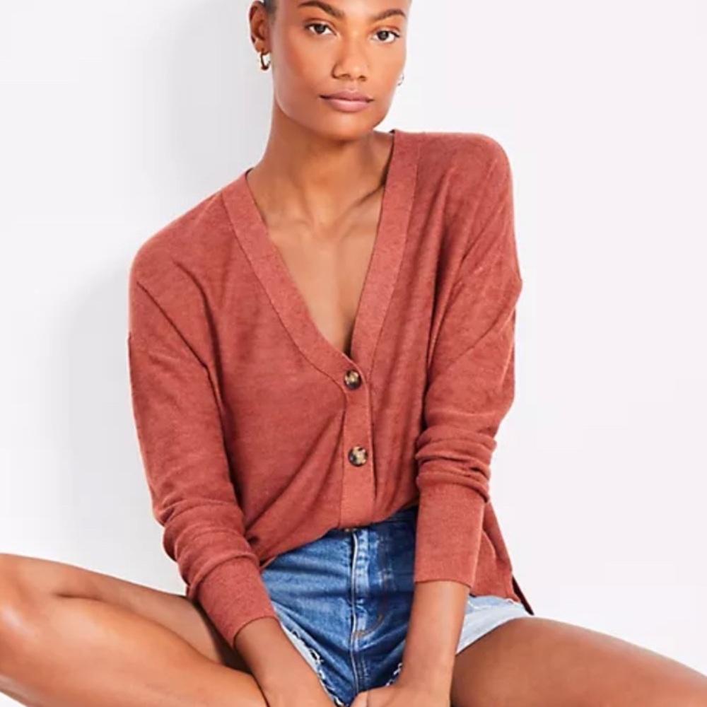 LOFT Terracotta Rust Copper Button-Up sweater Cardigan XSmall xs Ramie